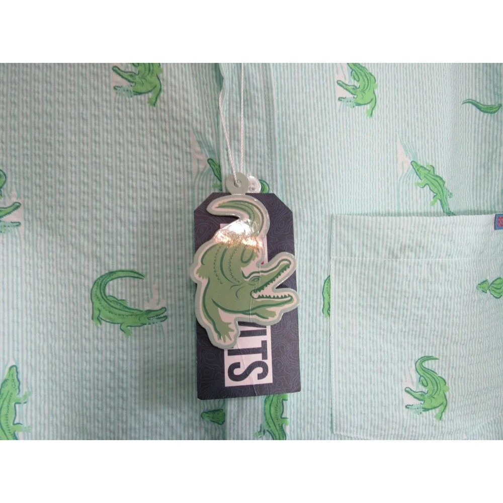 RSVLTS Alligator Green Striped Seersucker Short Sleeve Button Down Shirt XS NWT